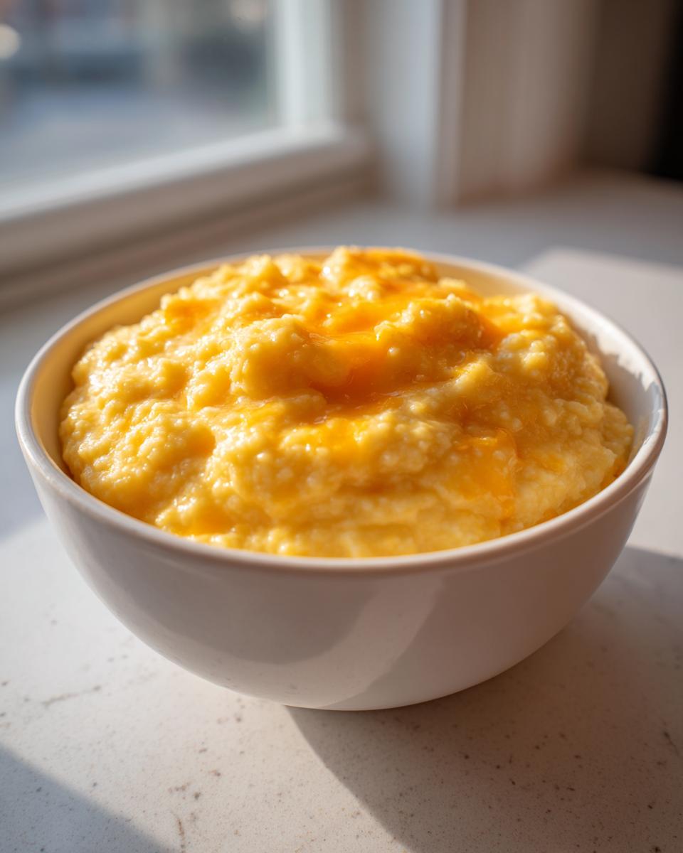 A close-up of a white bowl filled with creamy, bright yellow cheese grits topped with melted cheddar.