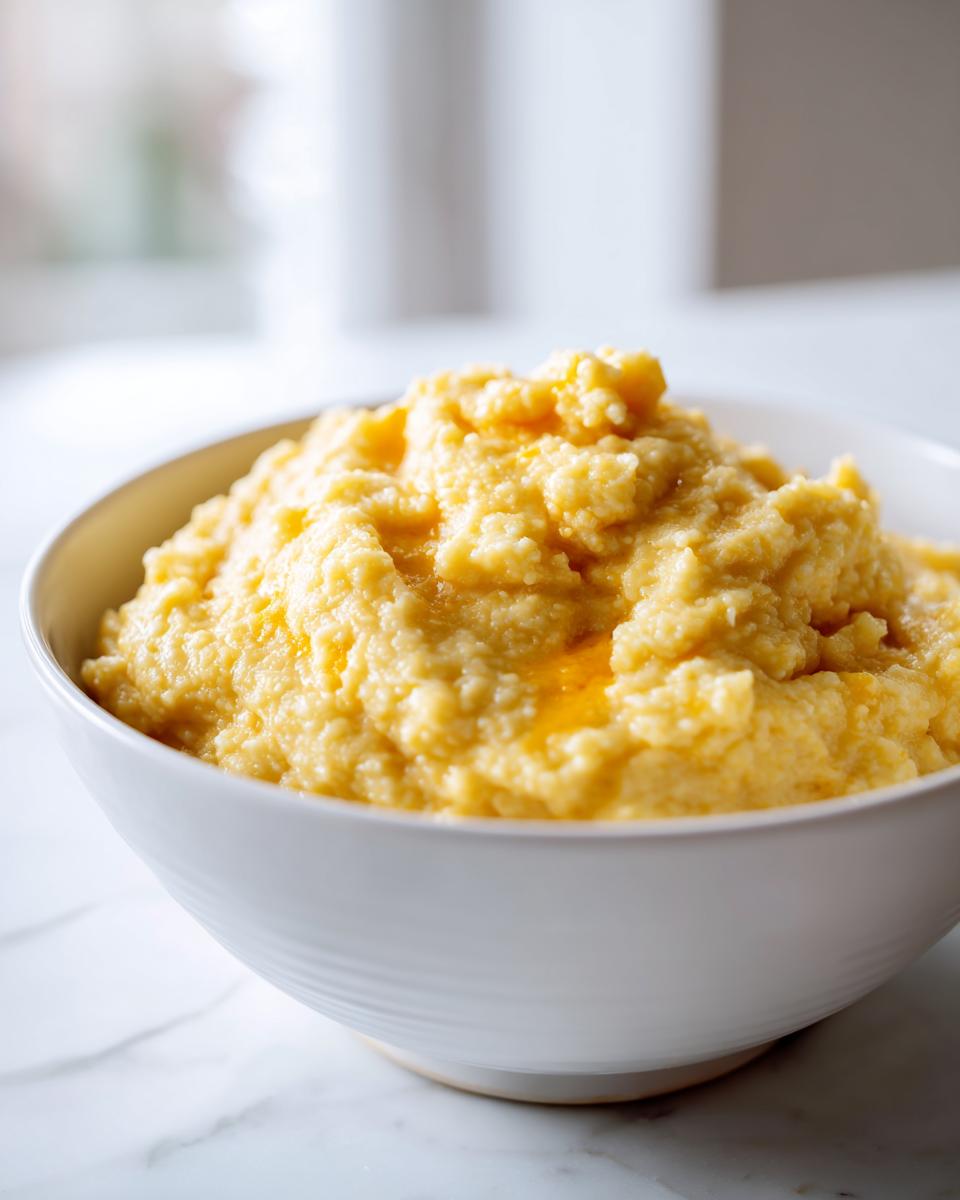 A close-up of a white bowl filled with creamy, yellow cheese grits, topped with melted butter.