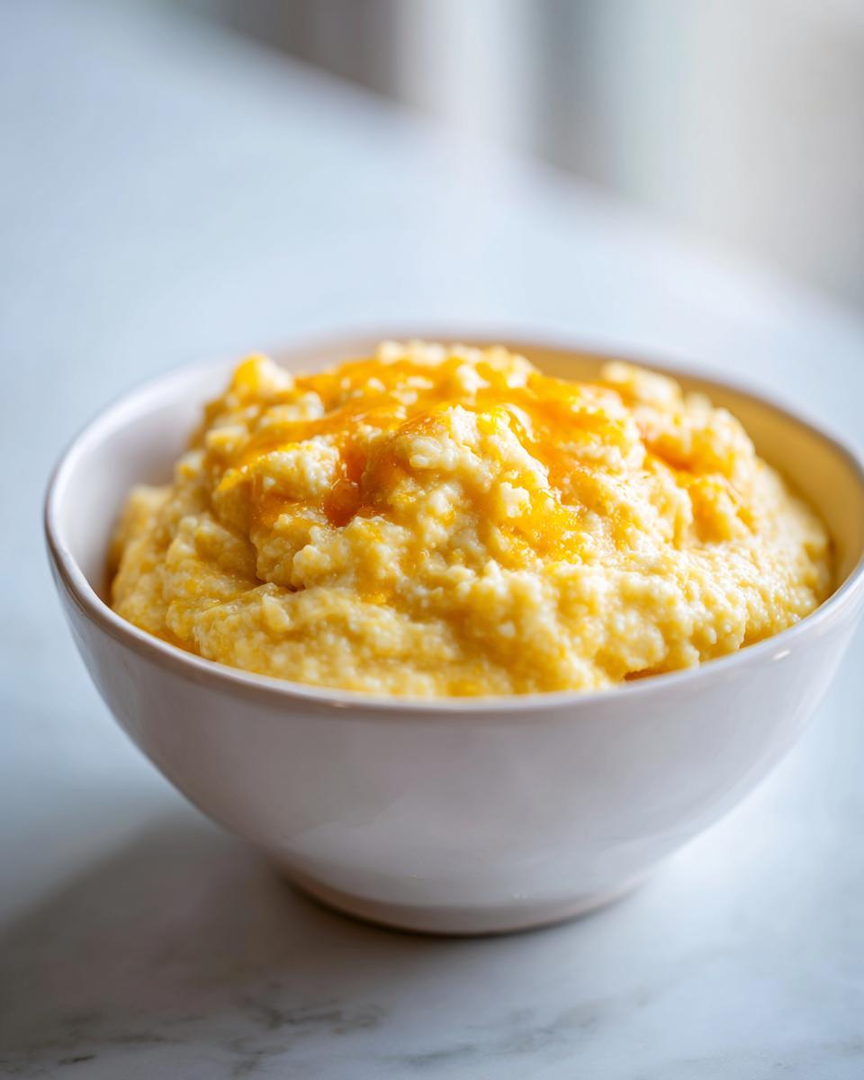 A close-up of a white bowl filled with creamy, yellow cheese grits topped with melted cheddar cheese.