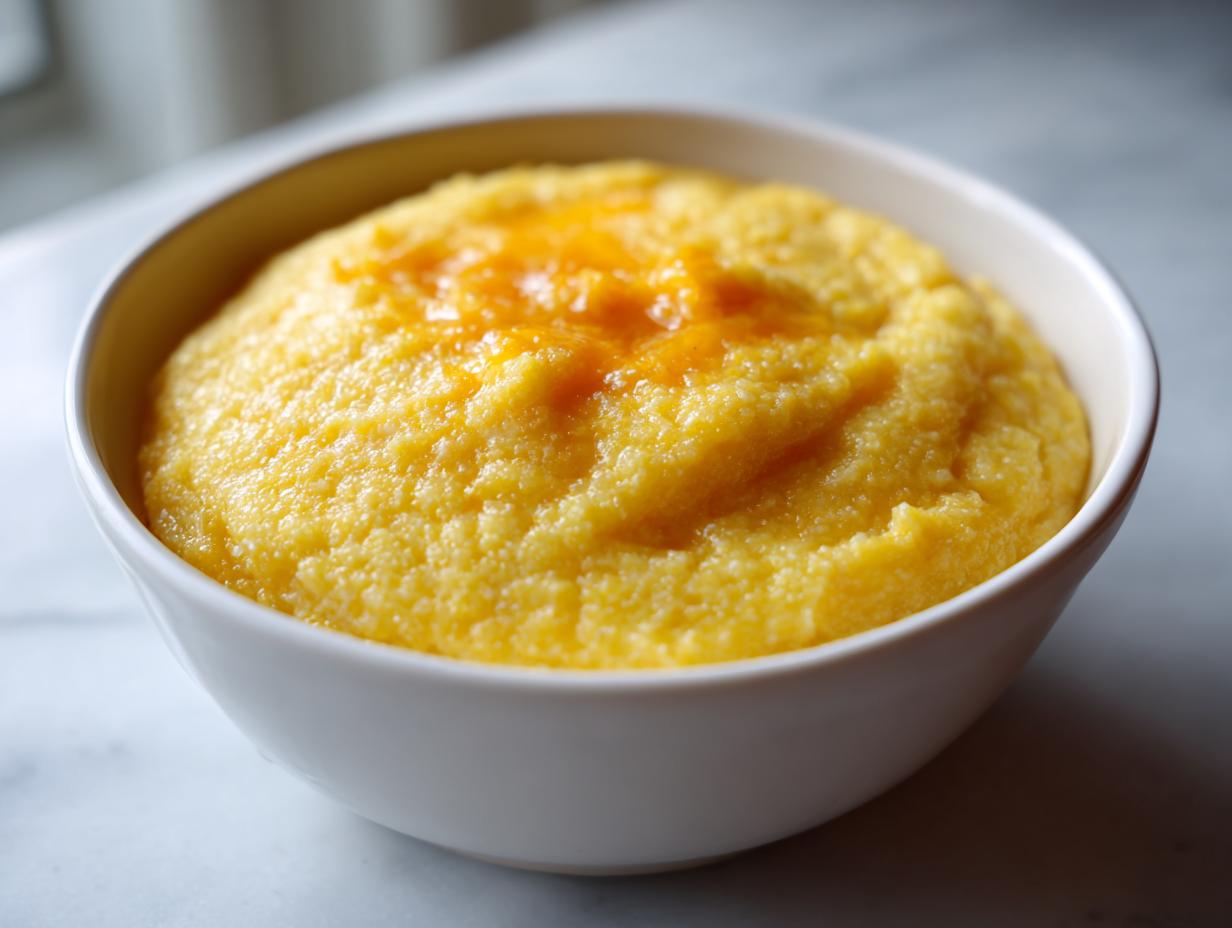 A close-up shot of a white bowl filled with creamy, bright yellow cheese grits topped with melted cheddar.