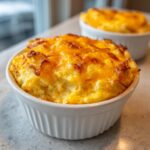 Close-up of creamy cheese grits baked until golden brown with a melted cheese topping in a white ramekin.