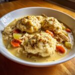 A close-up of a white bowl filled with creamy chicken and dumpling stew, featuring tender dumplings, shredded chicken, carrots, and celery.