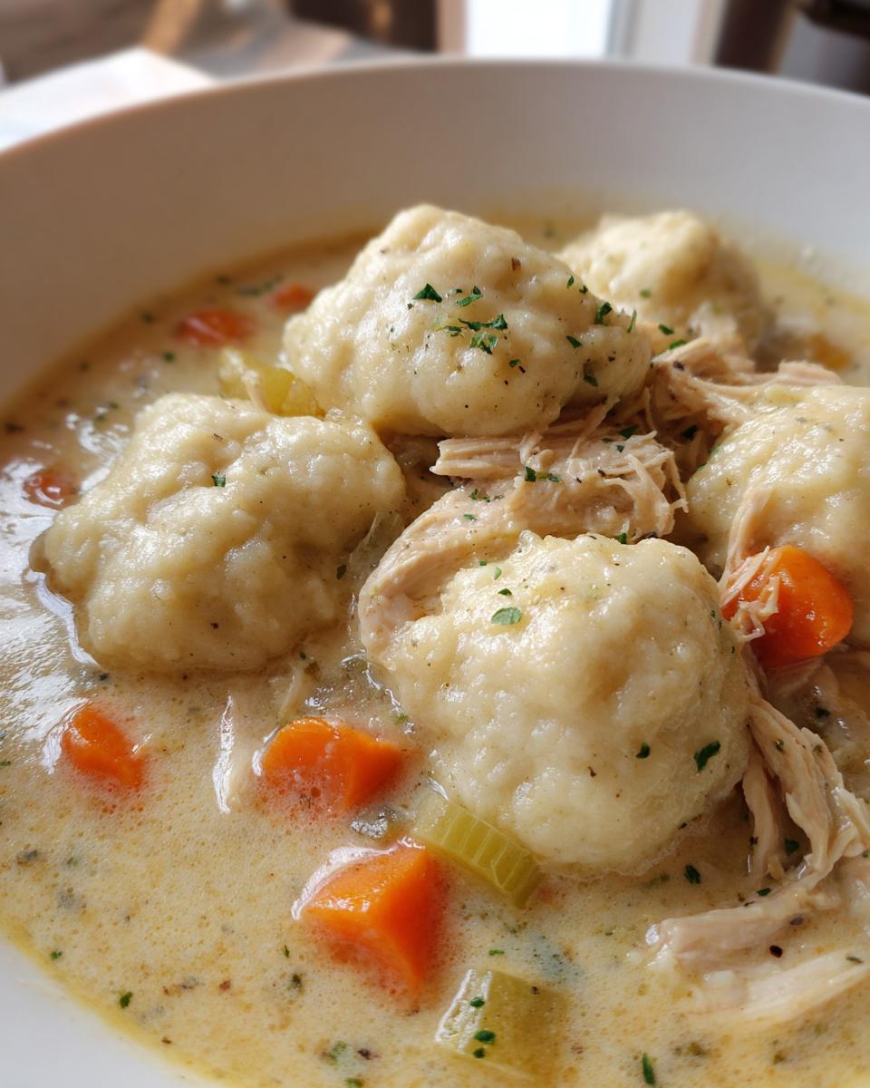 Close-up of fluffy dumplings, shredded chicken, carrots, and celery in a creamy broth for chicken and dumplings.