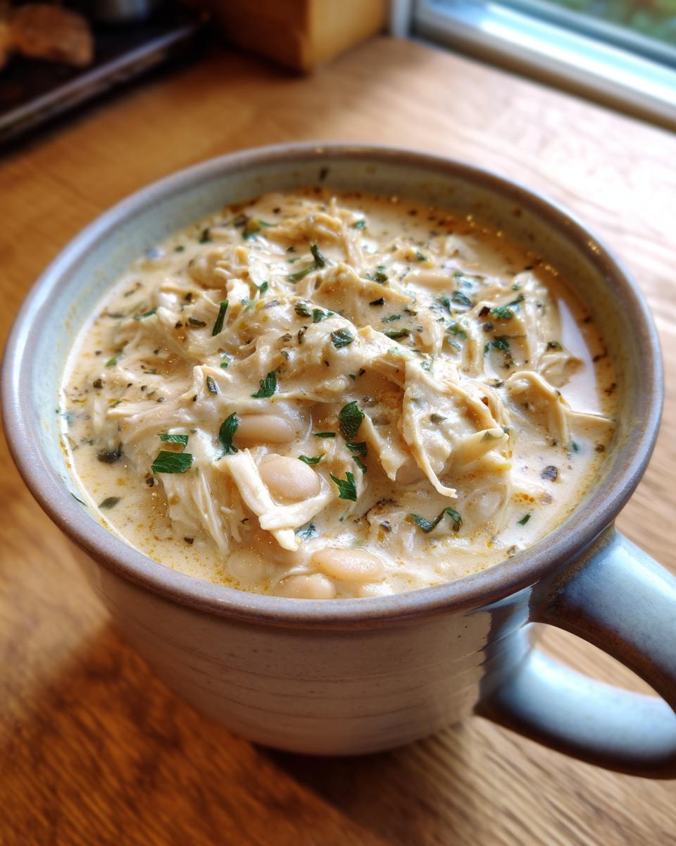 Close-up of creamy white chicken chili with shredded chicken and white beans, garnished with herbs.