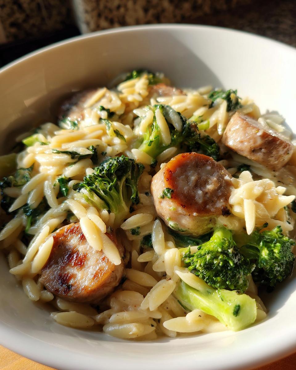 Close-up of a bowl filled with creamy chicken sausage and broccoli orzo pasta dish.