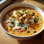 A close-up of a bowl of creamy chicken tortilla soup topped with shredded chicken, tortilla strips, sour cream, and cilantro.
