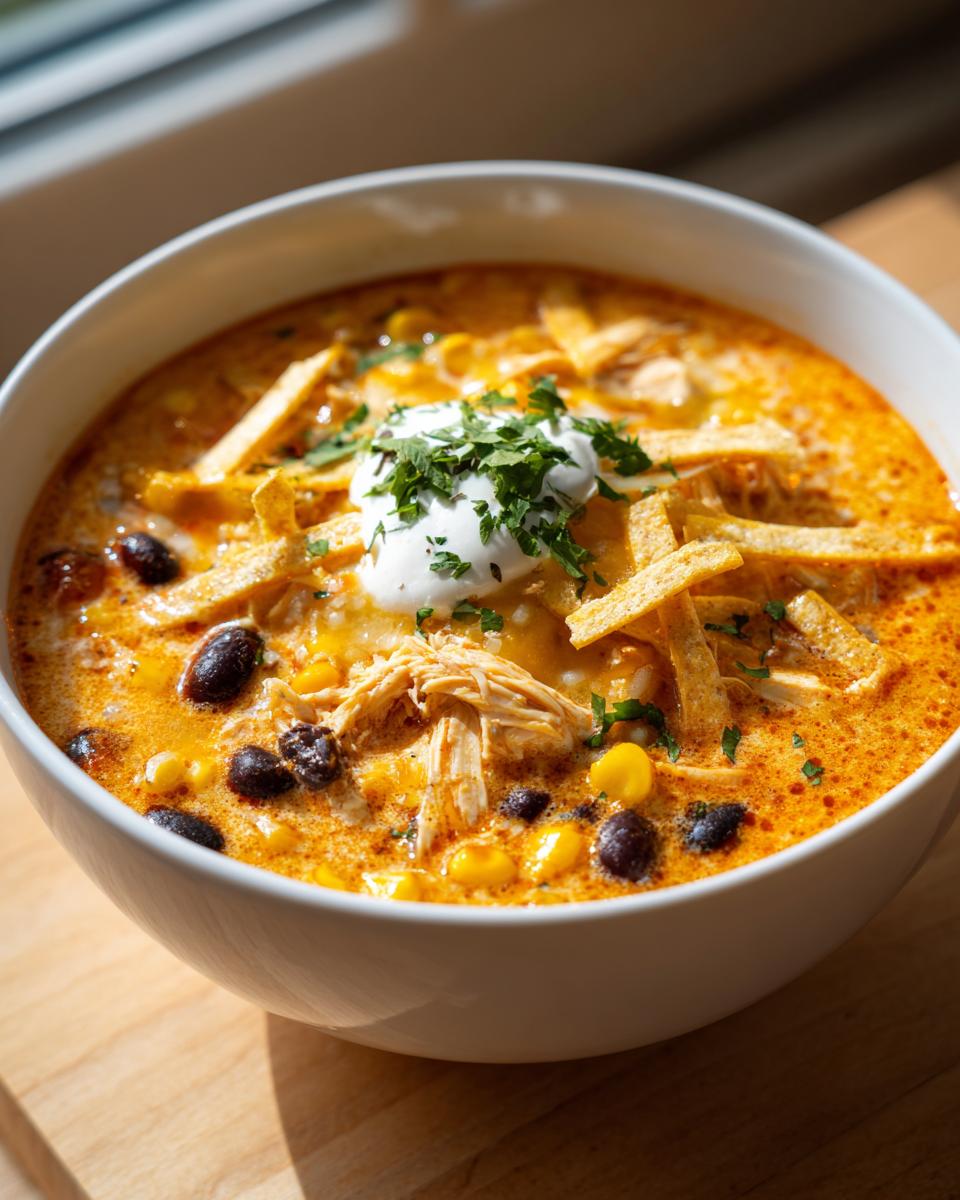 Close-up of a white bowl filled with vibrant orange creamy chicken tortilla soup, topped with shredded chicken, black beans, corn, tortilla strips, and sour cream.