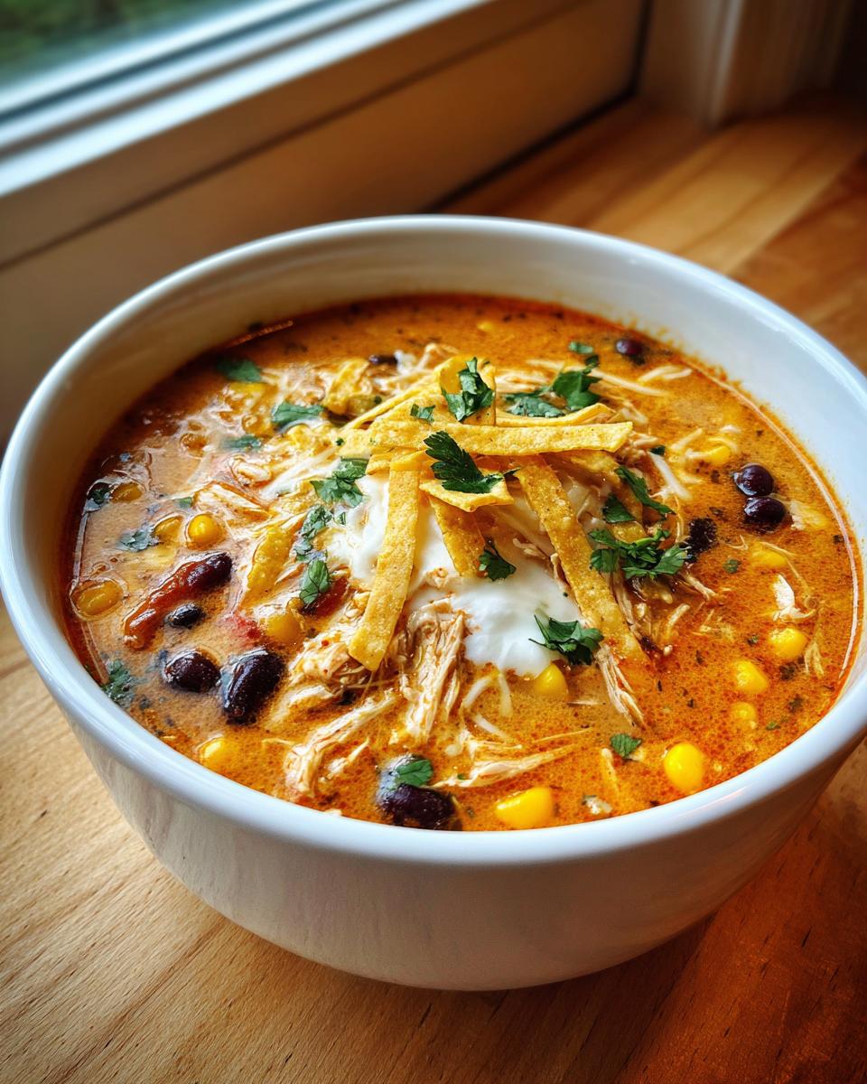 A close-up of a white bowl filled with creamy chicken tortilla soup, topped with sour cream, tortilla strips, and cilantro.