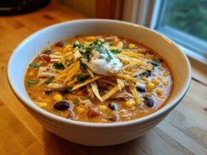 A close-up of a bowl filled with creamy chicken tortilla soup, topped with sour cream, shredded cheese, and tortilla strips.