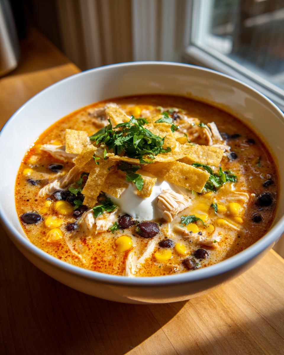 A close-up view of a bowl of creamy chicken tortilla soup topped with sour cream, cilantro, and tortilla strips.