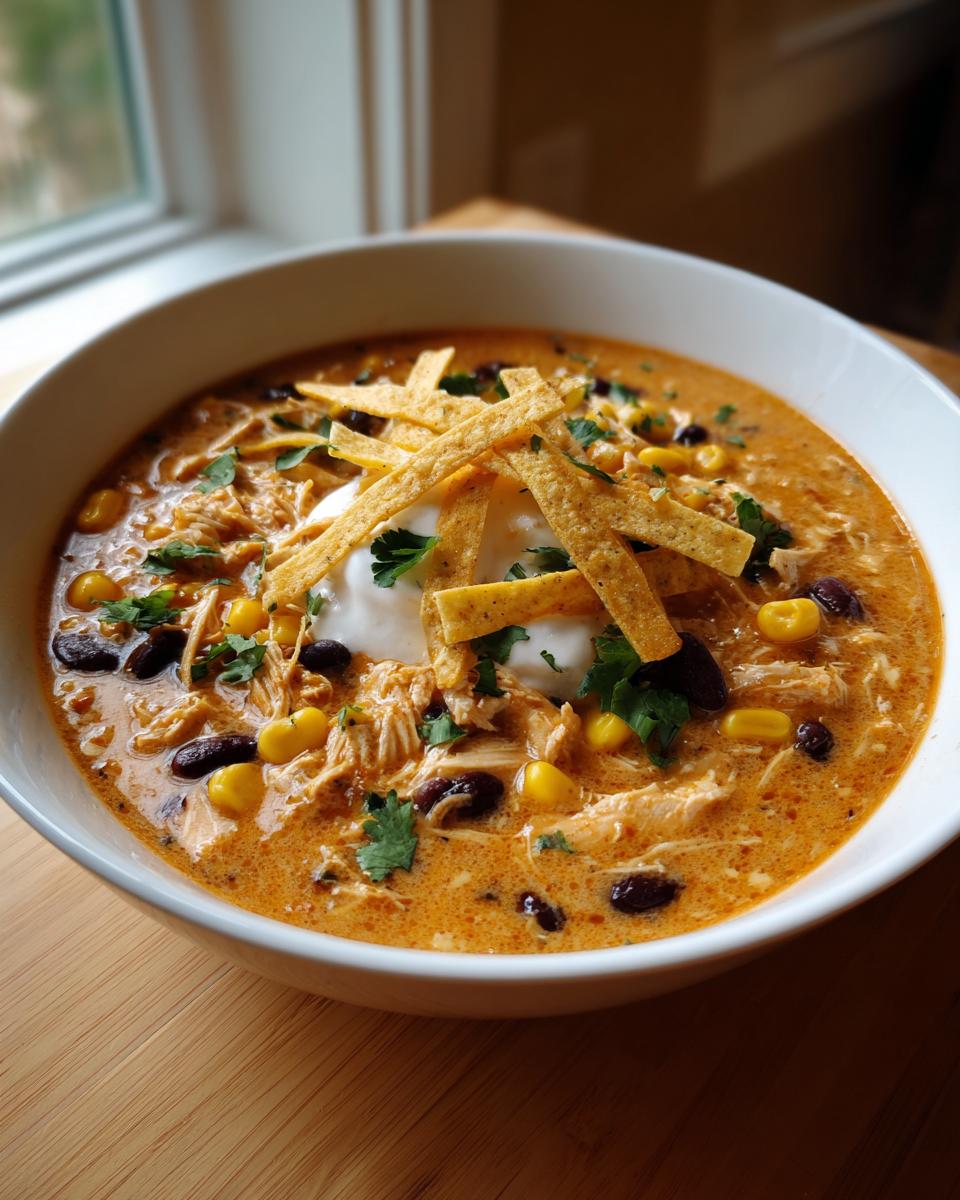A close-up of a bowl of creamy chicken tortilla soup topped with sour cream, tortilla strips, black beans, and cilantro.