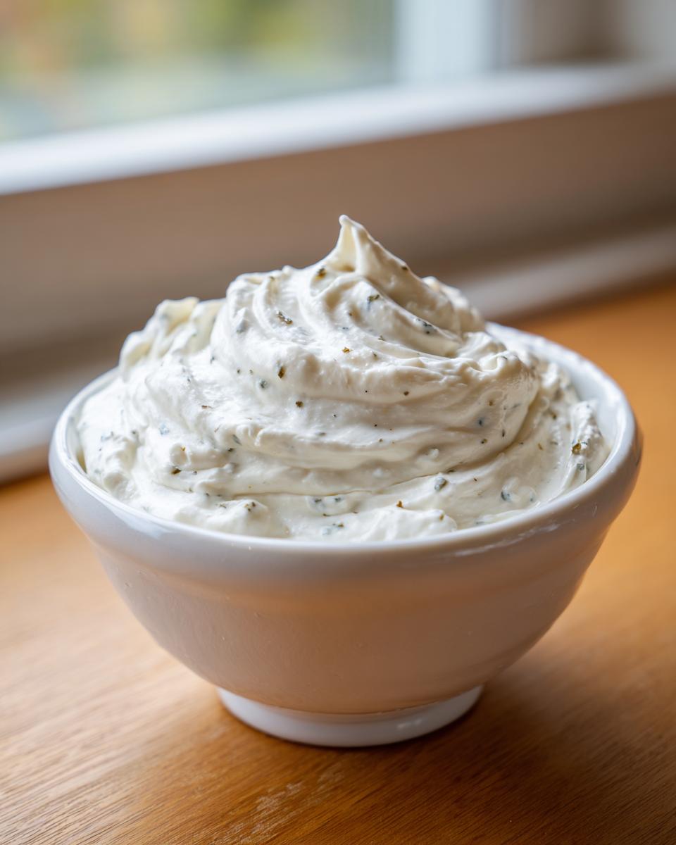 A close-up of thick, creamy clam dip swirled high in a small white bowl, set on a wooden surface.