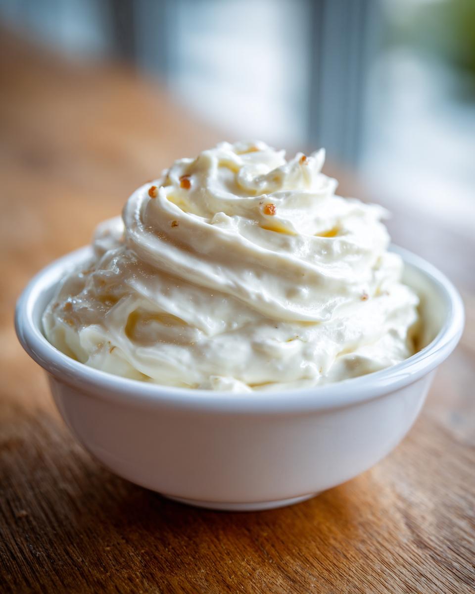 Close-up of creamy clam dip piped decoratively into a small white bowl, sprinkled with tiny orange specks.