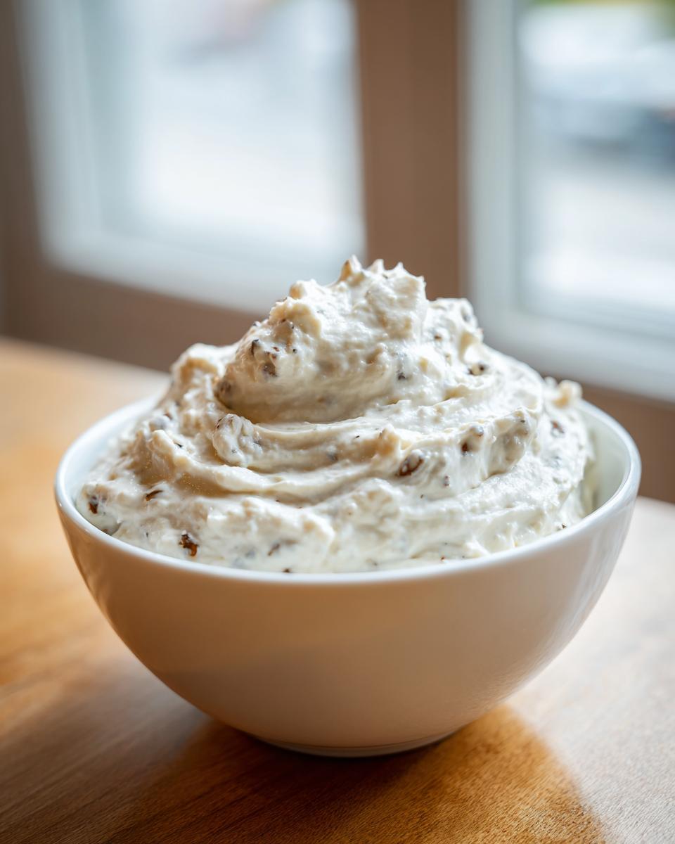 A close-up of creamy clam dip with visible seasonings, swirled high in a white serving bowl.