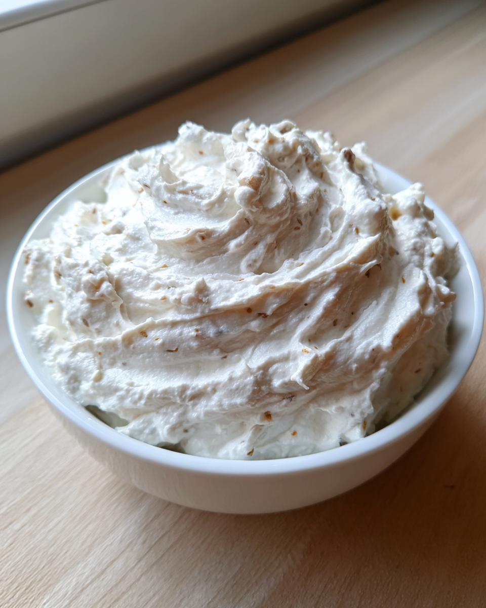 A close-up of thick, creamy clam dip swirled high in a small white bowl on a wooden surface.