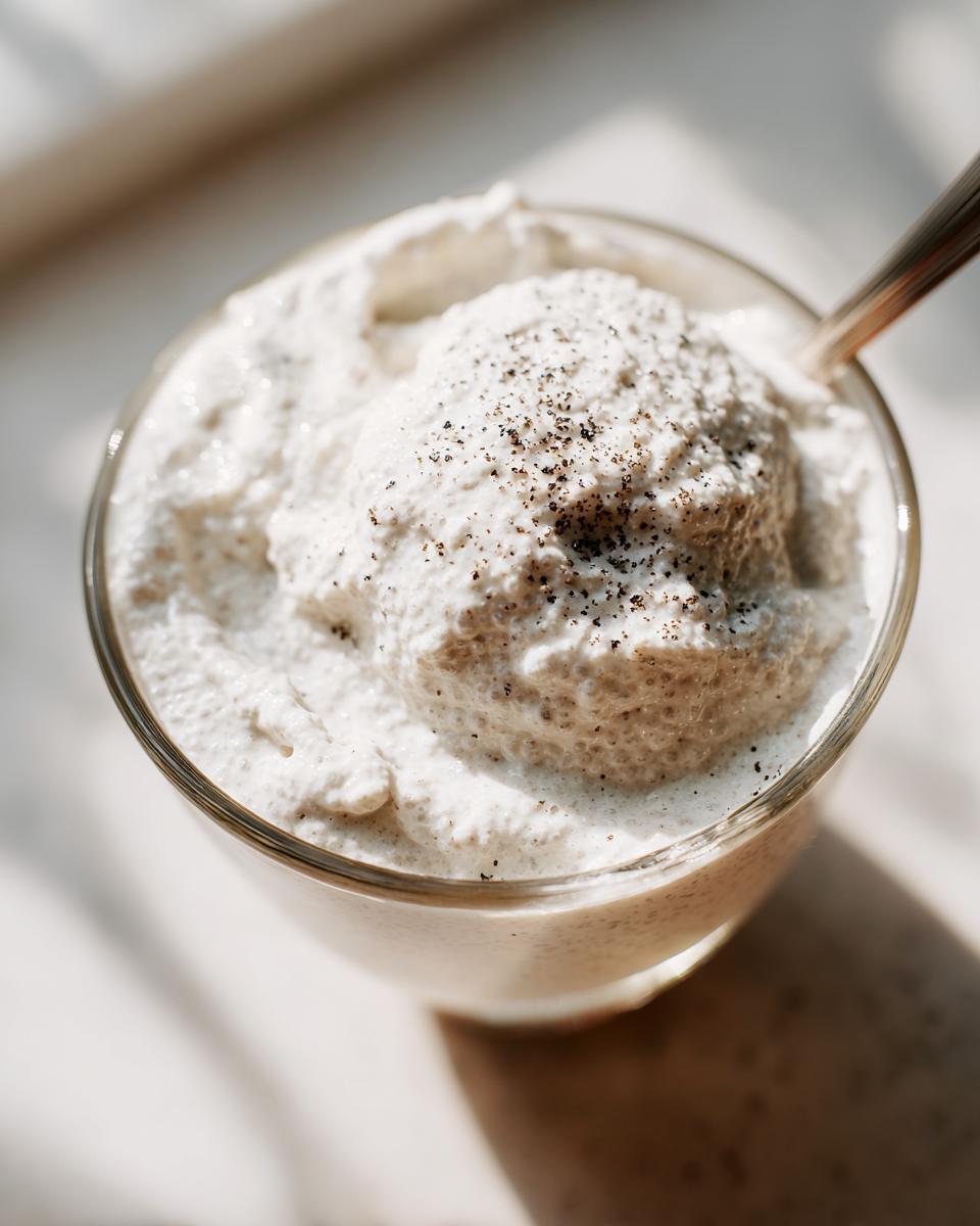Close-up of creamy coconut chia pudding in a glass, topped with a dusting of dark spices.