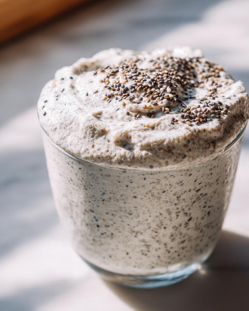 Close-up of creamy coconut chia pudding in a glass, topped generously with whole chia seeds.