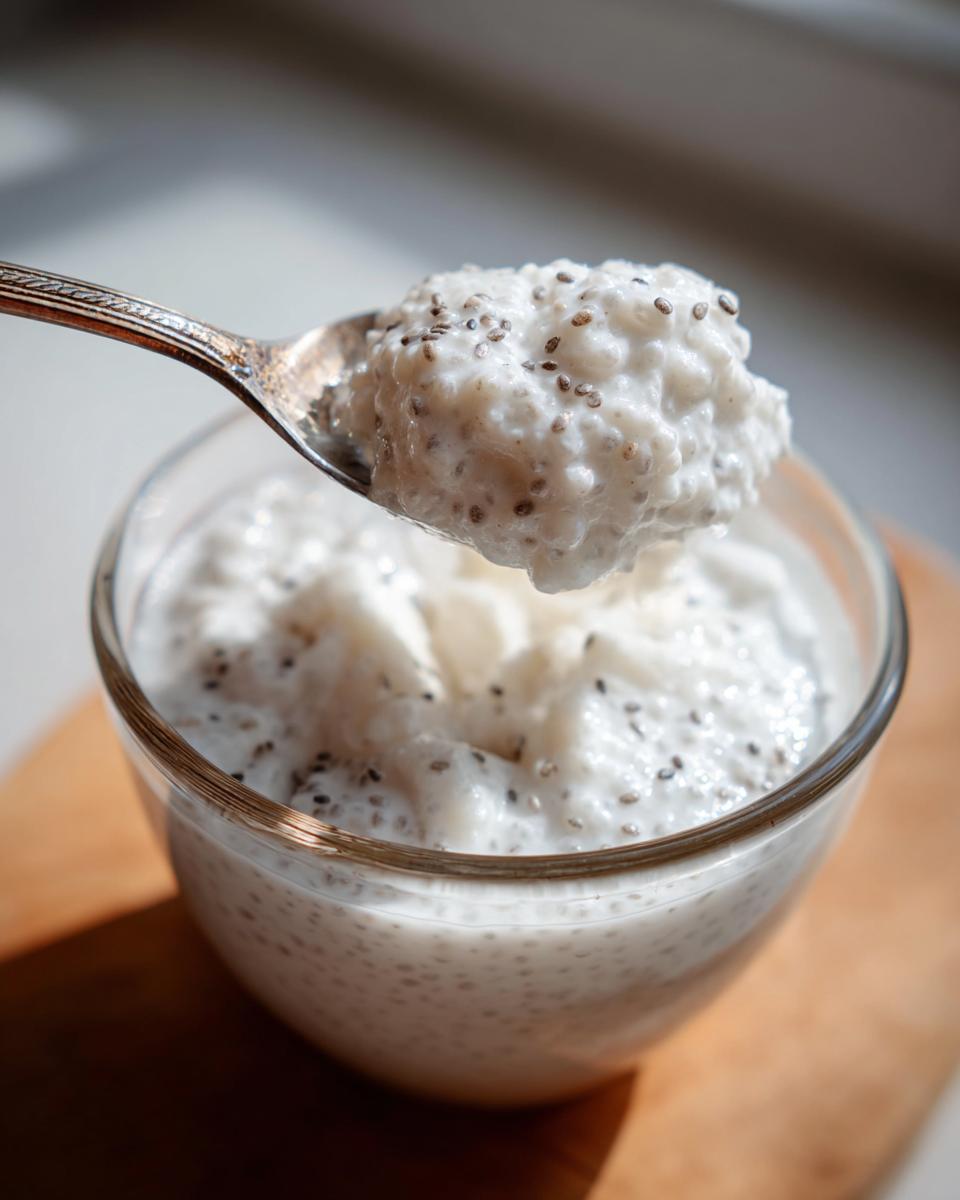 A spoonful of creamy coconut chia pudding, showing the texture and chia seeds, lifted from a glass bowl.