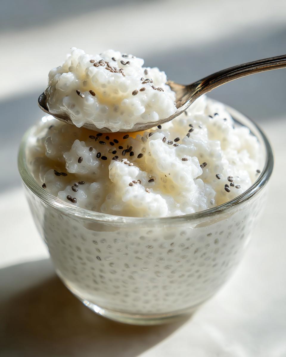 A spoonful of creamy coconut chia pudding being lifted from a glass bowl, showing the texture and chia seeds.
