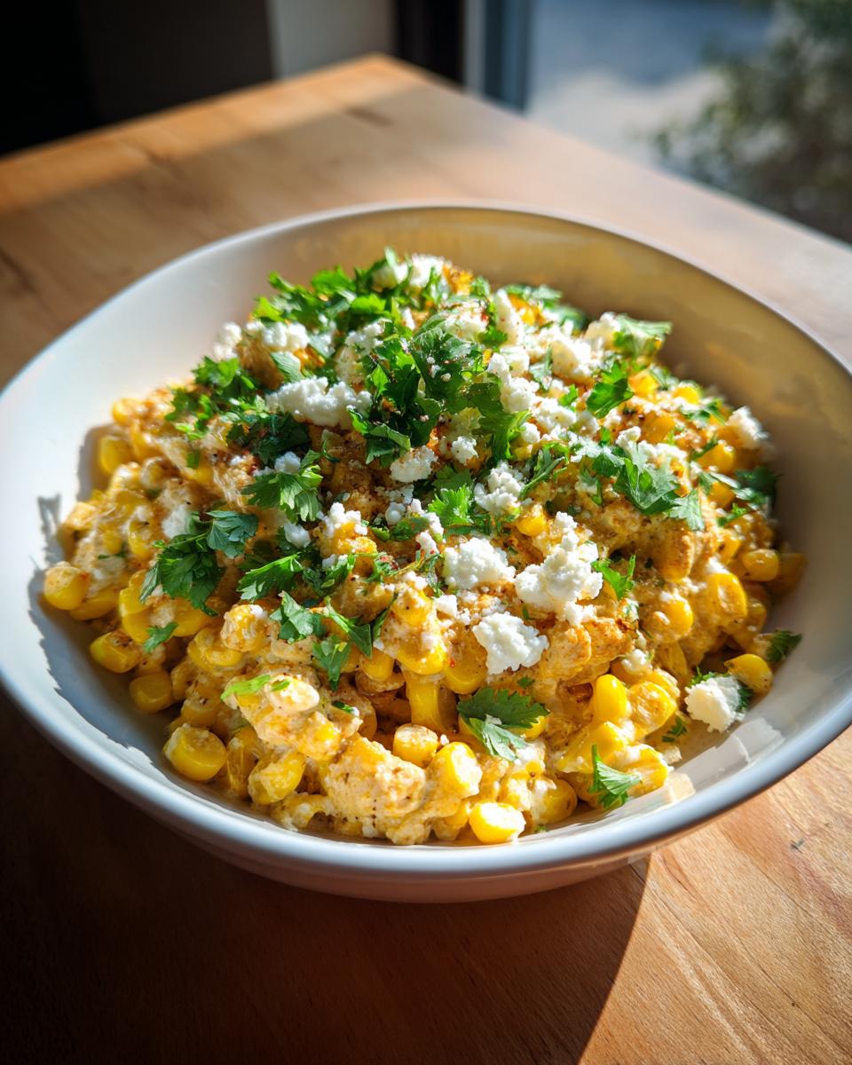 Close-up of creamy corn kernels topped with cotija cheese and cilantro, ready for a street corn chicken rice bowl.
