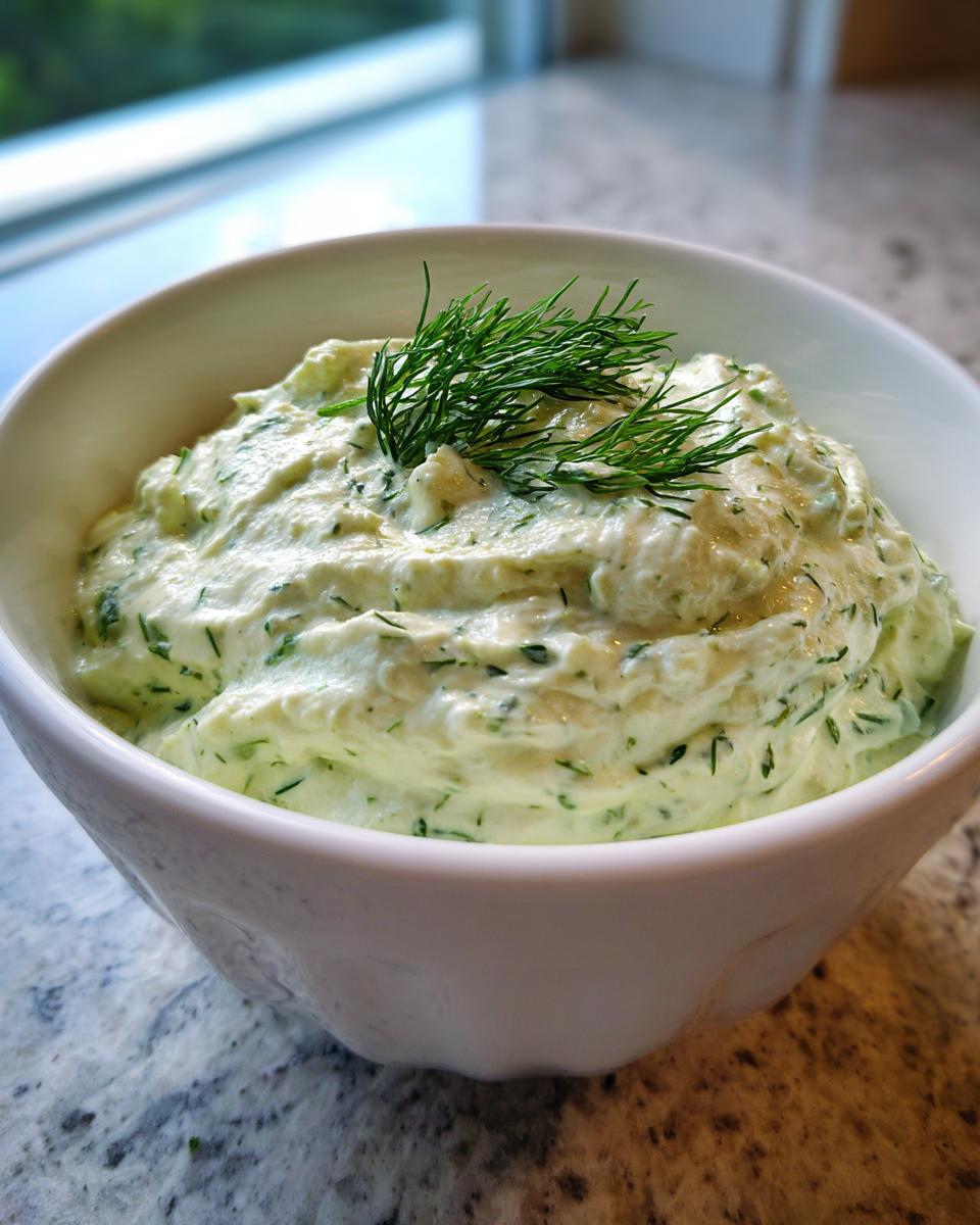 Close-up of creamy, green dill dip garnished with fresh dill sprigs in a white bowl.