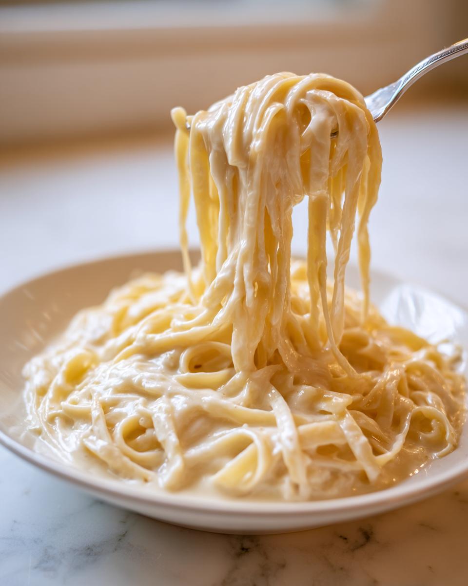A fork lifting fettuccine noodles coated in rich homemade alfredo sauce from a white bowl.