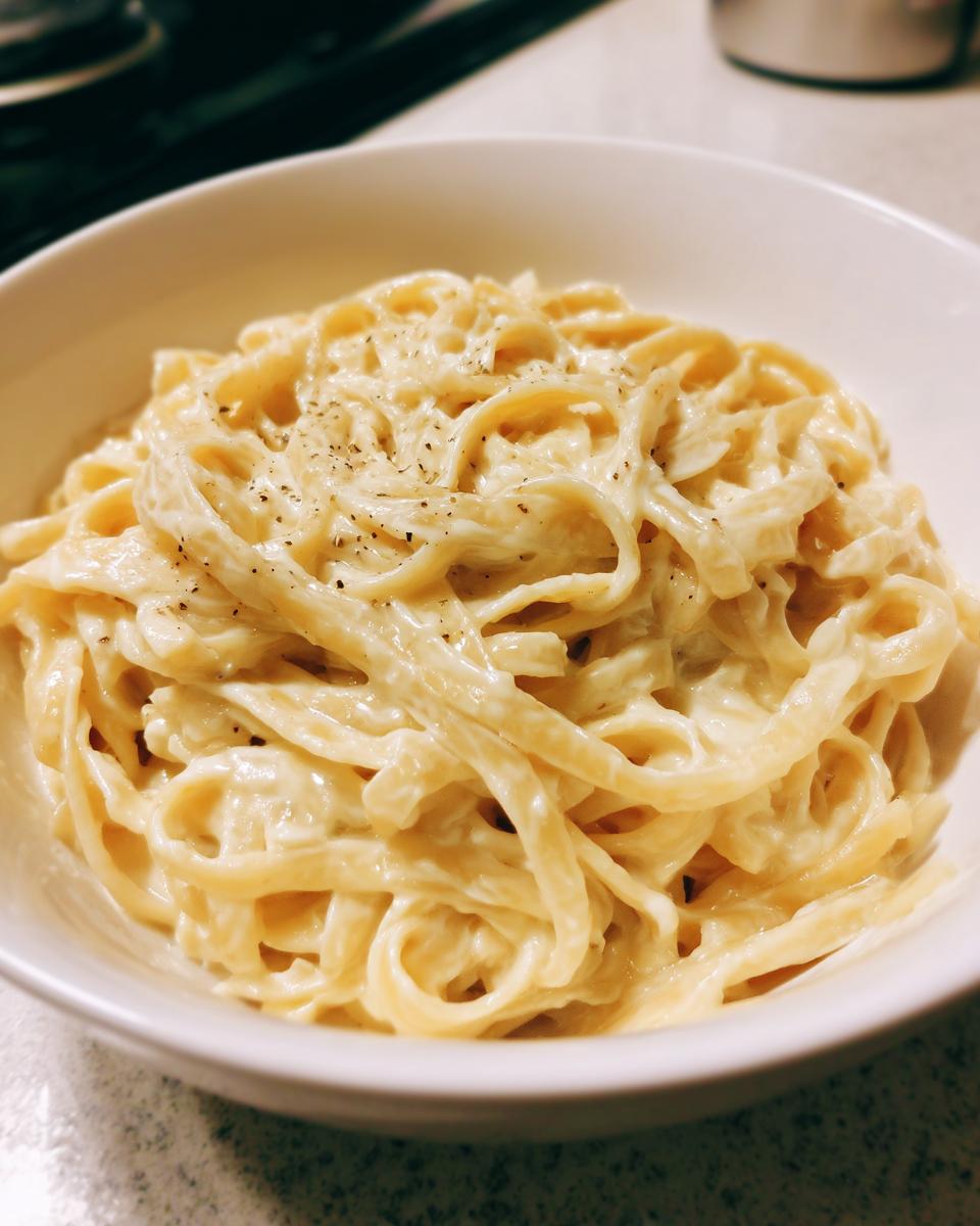 Close-up of fettuccine pasta coated in rich homemade alfredo sauce, topped with black pepper.