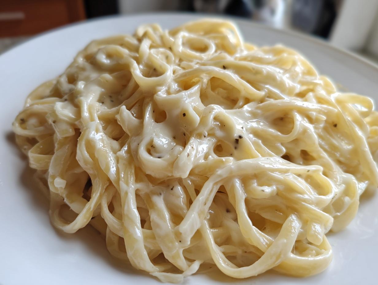 Close-up of fettuccine pasta generously coated in rich, creamy homemade alfredo sauce with visible black pepper flecks.