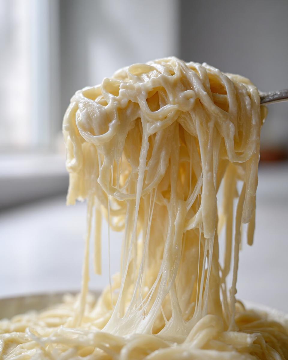 A fork lifting spaghetti heavily coated in thick, creamy homemade alfredo sauce, showing long, stringy drips.