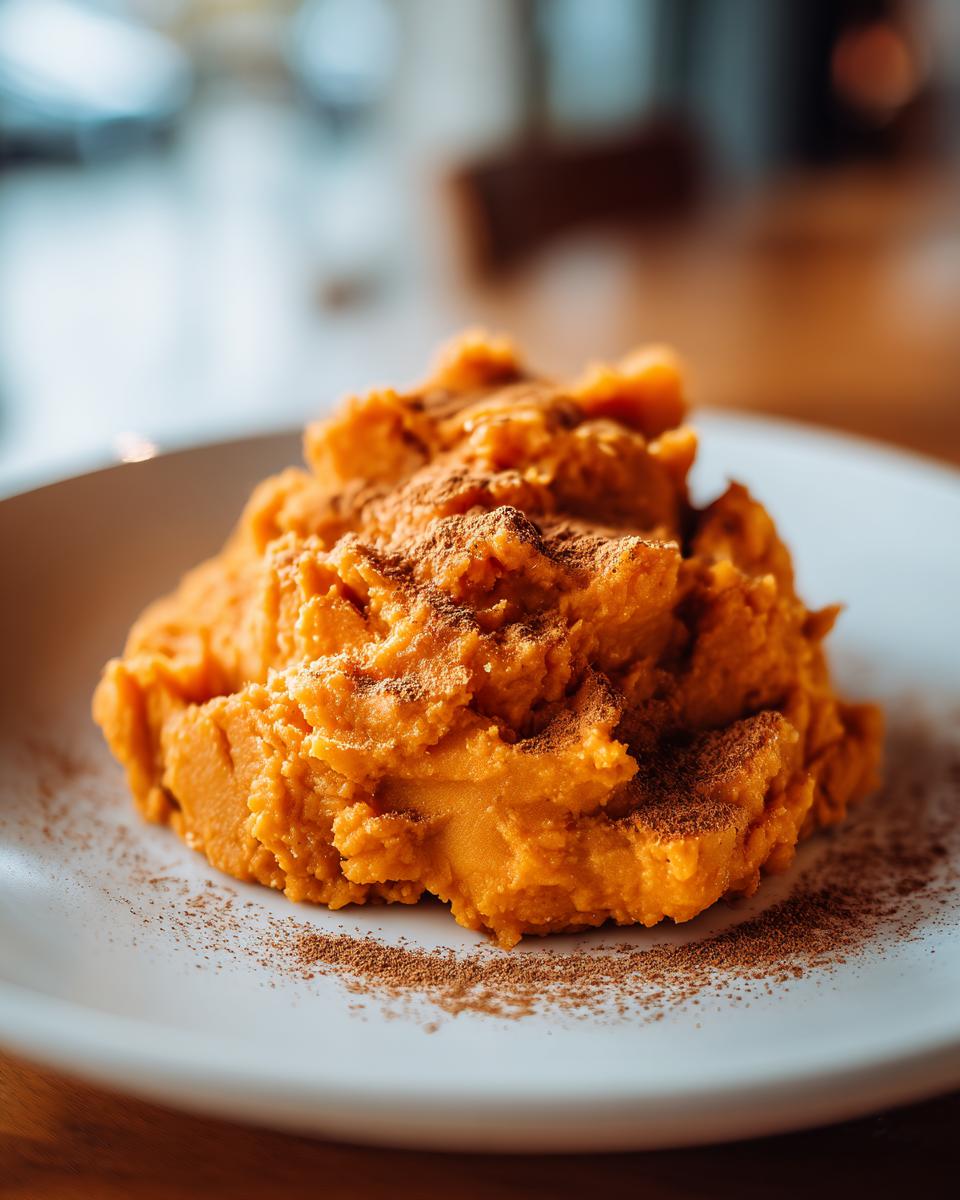 A close-up of creamy mashed sweet potatoes topped generously with ground cinnamon on a white plate.
