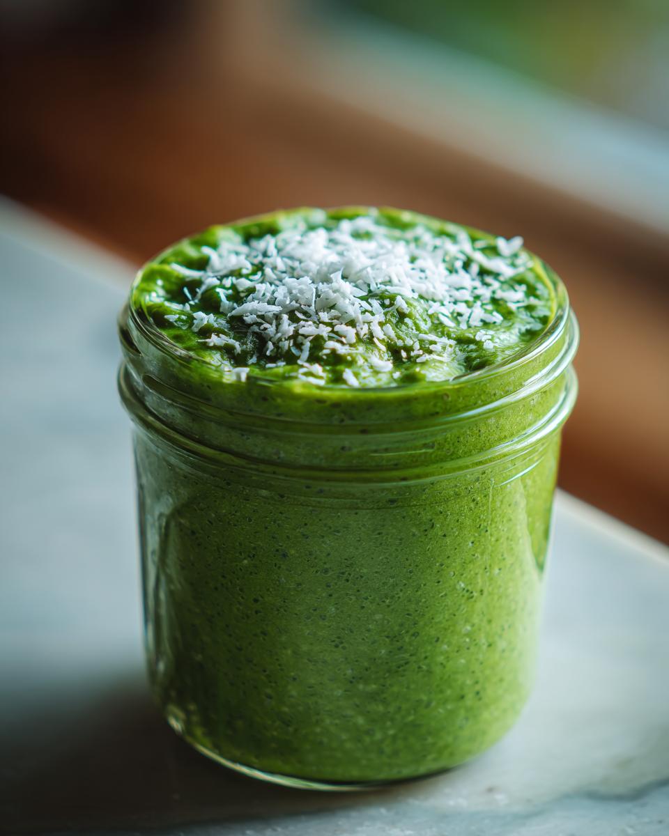Close-up of creamy, vibrant green matcha chia pudding topped with shredded coconut in a glass jar.
