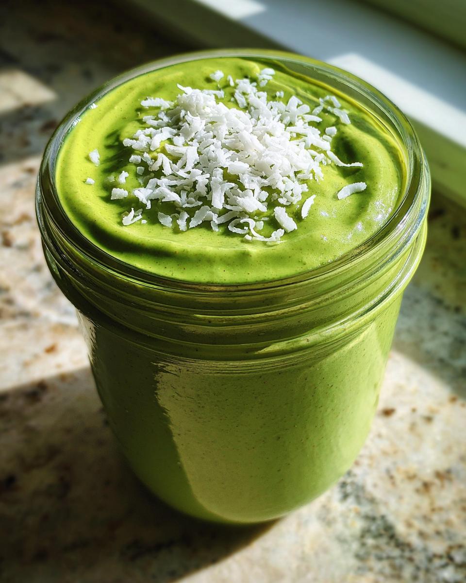 Close-up of creamy, vibrant green matcha chia pudding in a glass jar, topped with shredded coconut.