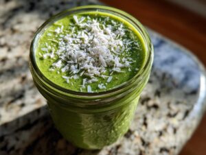 Overhead close-up of creamy green matcha chia pudding topped with shredded coconut in a glass jar.