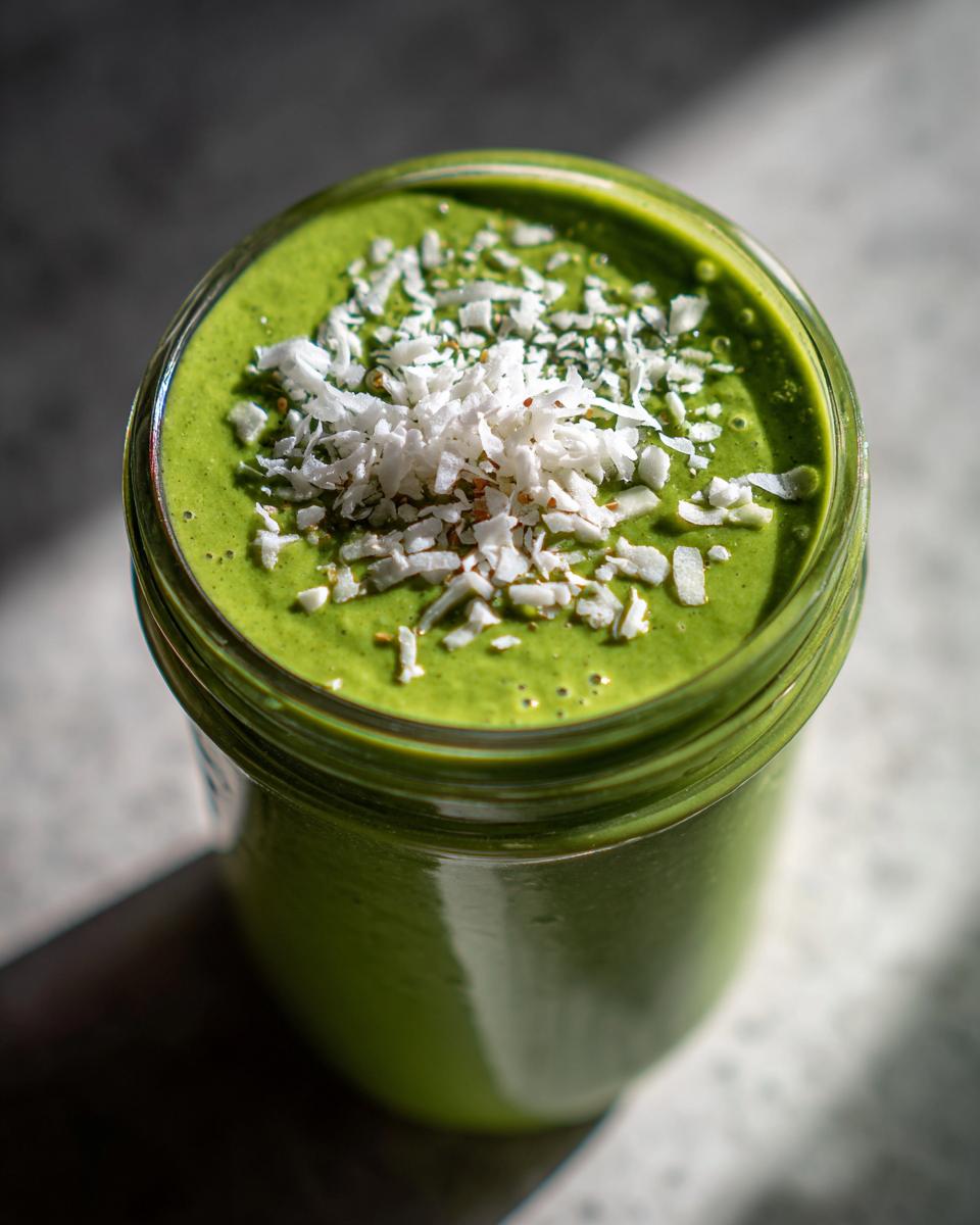 Overhead view of creamy green matcha chia pudding topped with shredded coconut flakes in a glass jar.