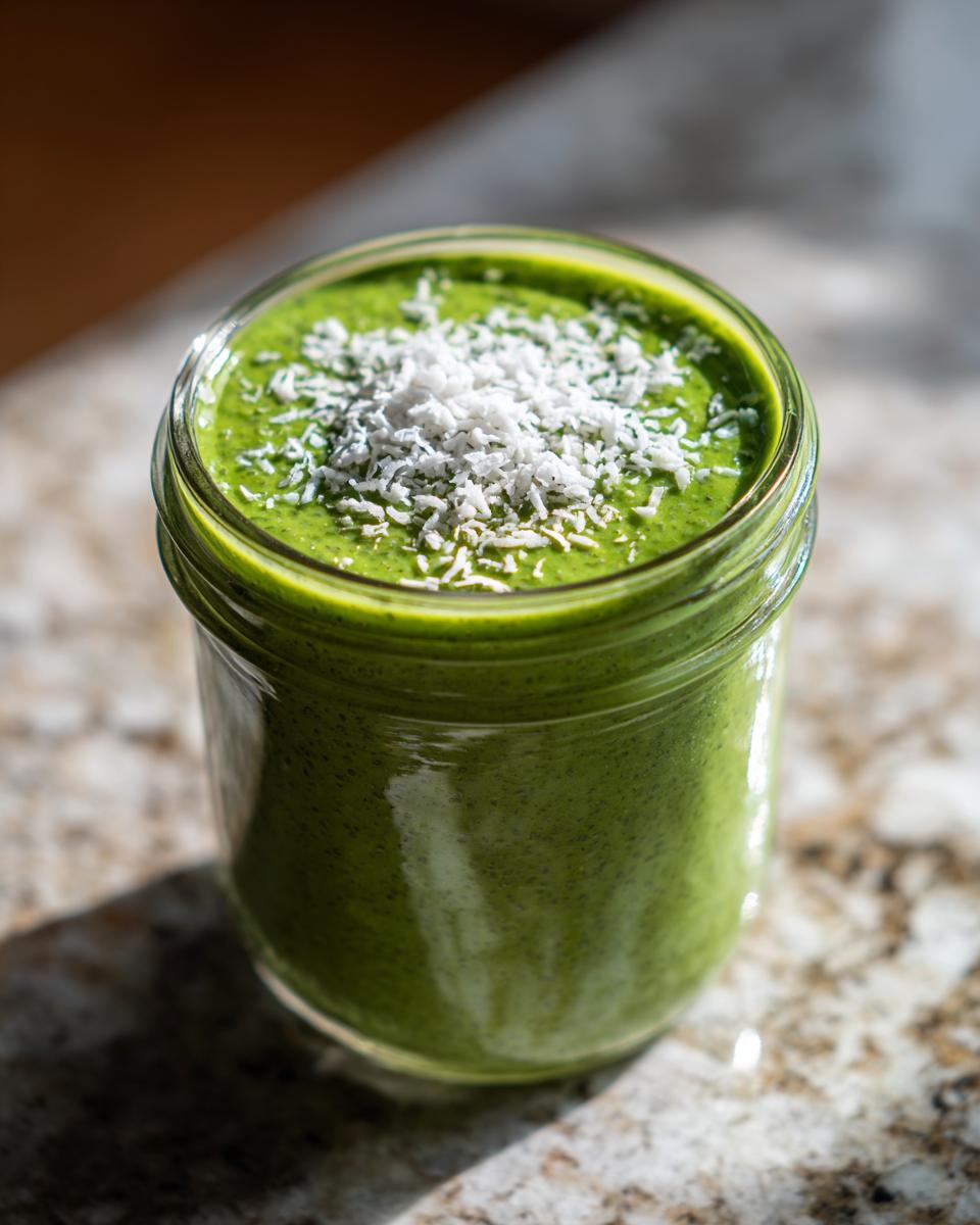Close-up of creamy green matcha chia pudding topped with shredded coconut in a glass jar.