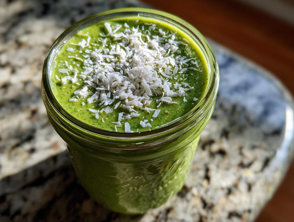 Overhead close-up of creamy green matcha chia pudding topped with shredded coconut in a glass jar.
