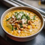 A close-up of a bowl of creamy mexican street corn soup topped with shredded chicken, cotija cheese, cilantro, and a lime wedge.