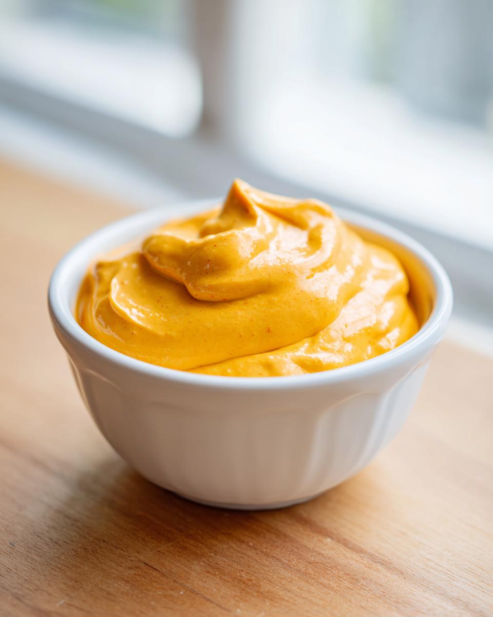 A close-up of rich, orange nacho cheese sauce swirled high in a small white dipping bowl.