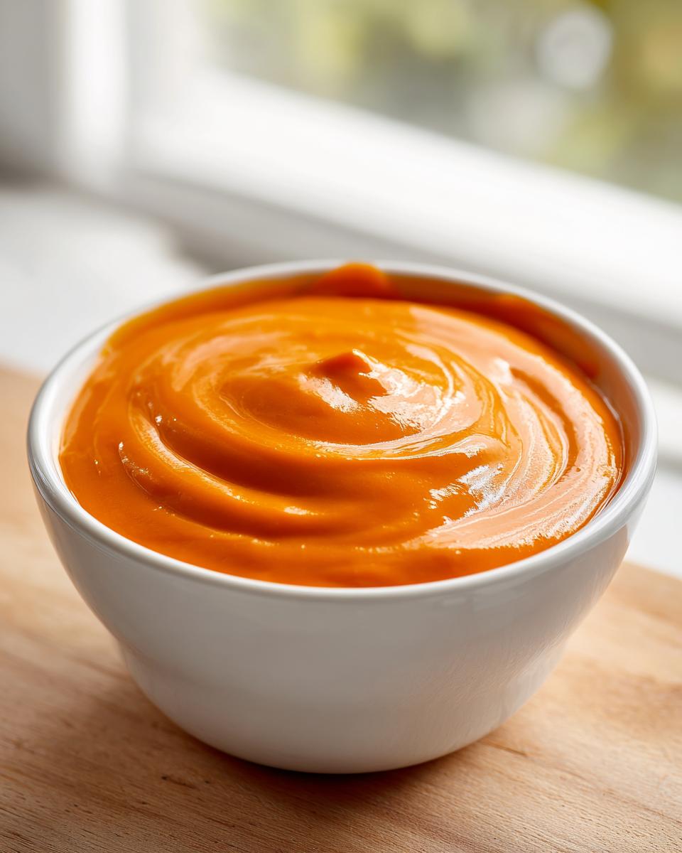 Close-up of smooth, bright orange nacho cheese sauce swirled in a small white bowl.