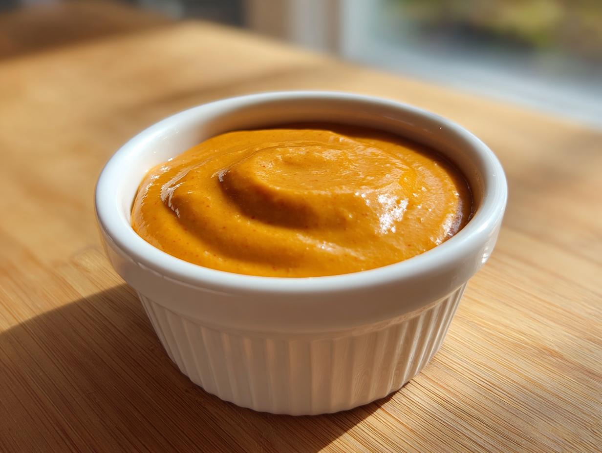A close-up of creamy, vibrant orange nacho cheese sauce swirled in a small white ramekin on a wooden surface.