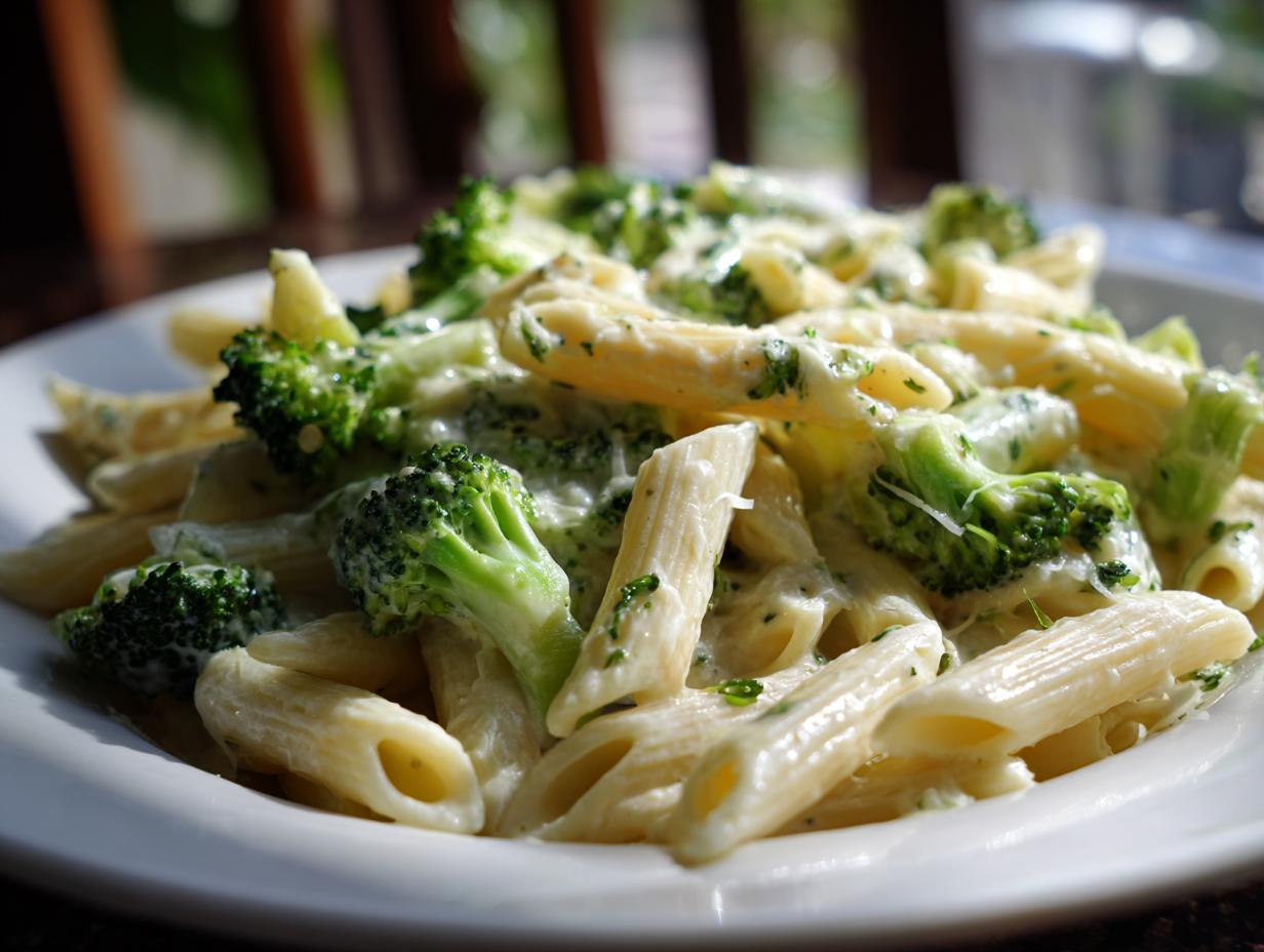 A close-up of creamy penne pasta mixed with bright green broccoli florets, representing the amazing 1-Pot broccoli pasta flavor.