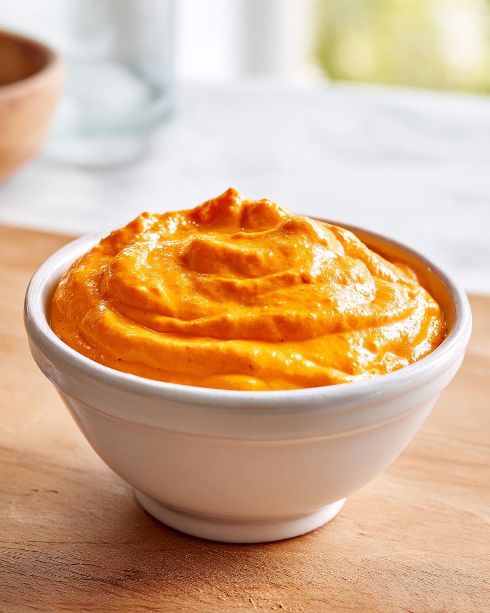 A close-up of thick, vibrant orange nacho cheese sauce swirled in a small white ceramic bowl.