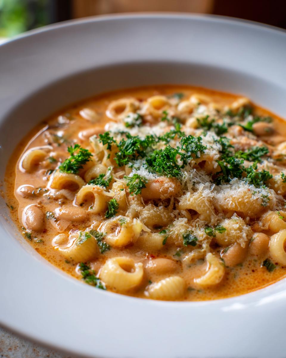 Close-up of a hearty bowl of creamy pasta fagioli soup, topped with grated Parmesan cheese and fresh parsley.