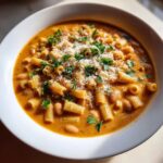A close-up of a white bowl filled with creamy pasta fagioli soup, topped with grated cheese and fresh parsley.