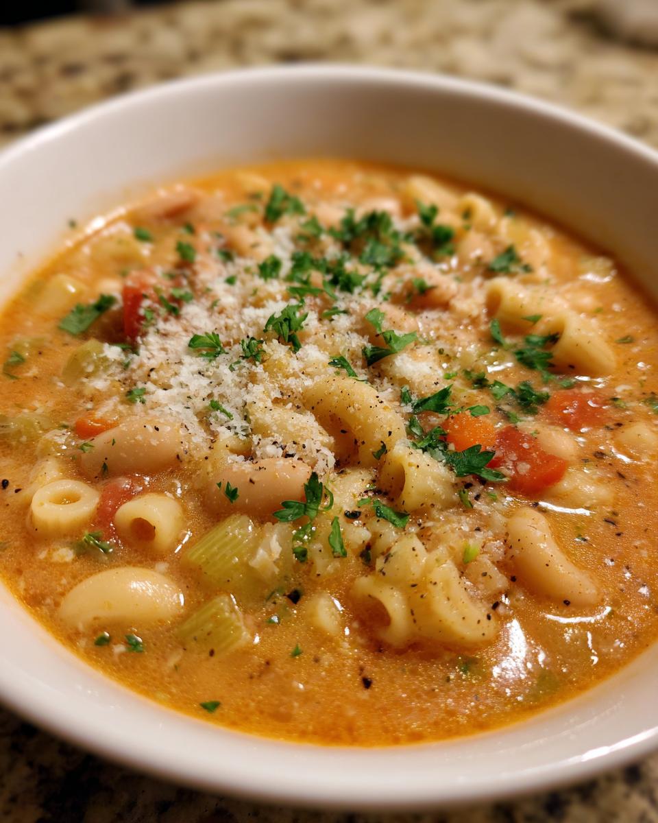 A close-up view of a hearty bowl of creamy pasta fagioli soup, topped with grated cheese and fresh parsley.