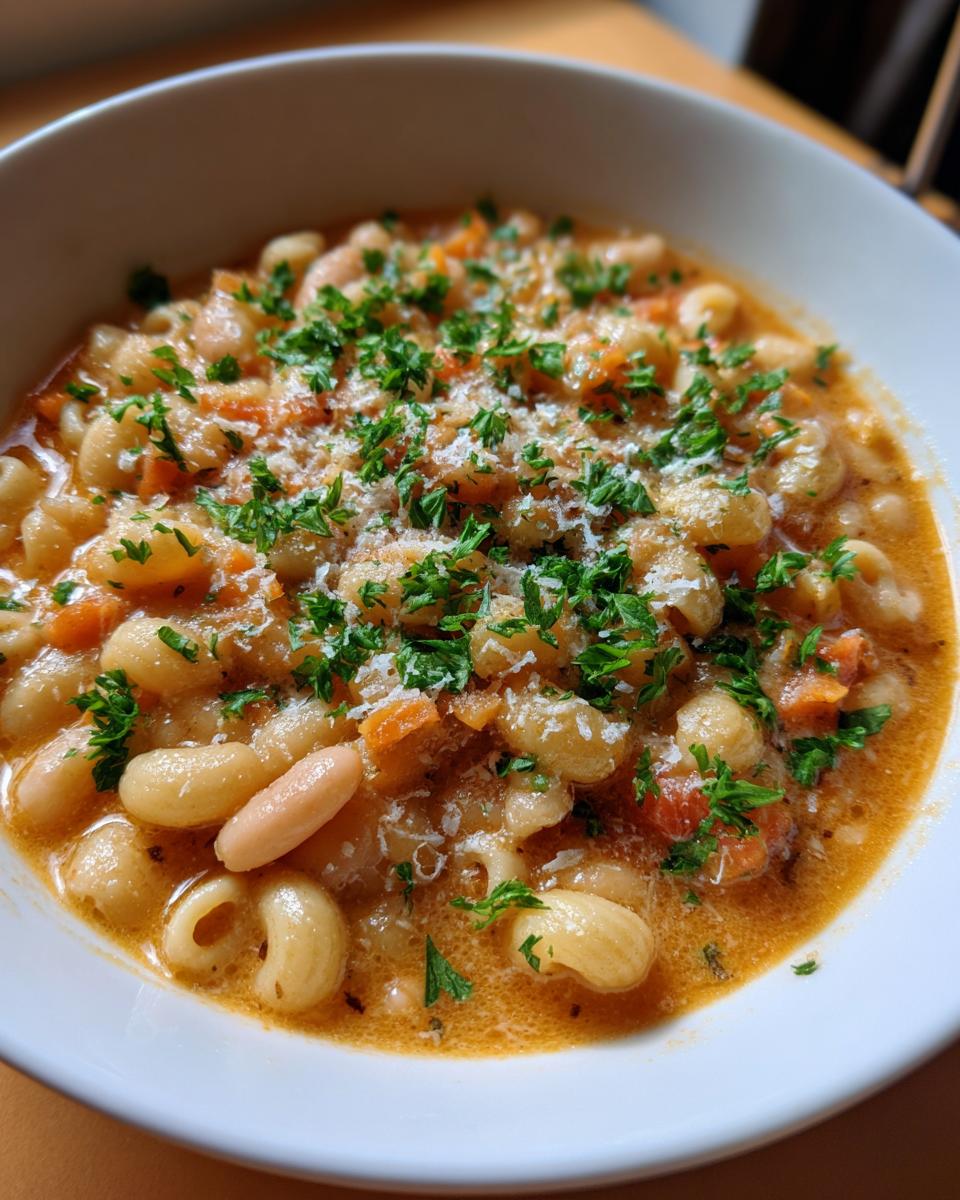 Close-up of a white bowl filled with creamy pasta fagioli soup, topped with fresh parsley and grated cheese.