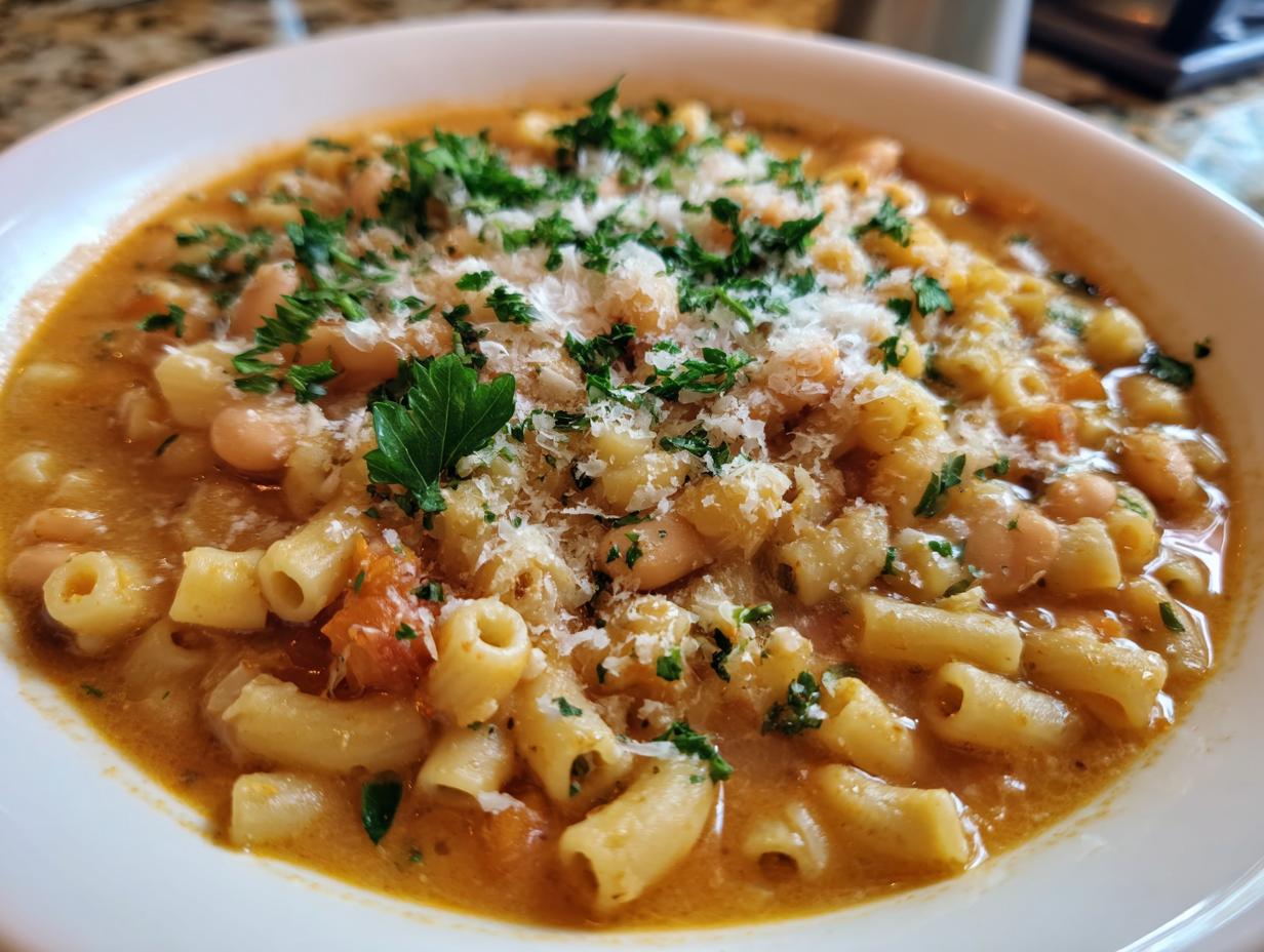 Close-up of a creamy bowl of pasta fagioli soup topped with grated Parmesan cheese and fresh parsley.