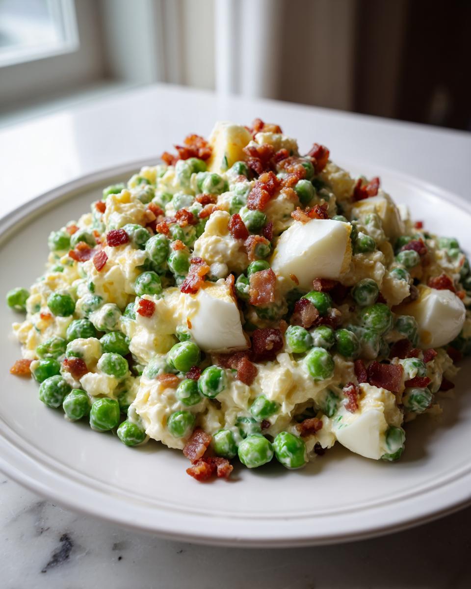 A generous serving of creamy pea salad mixed with dressing, topped with crumbled bacon and large chunks of hard-boiled egg.