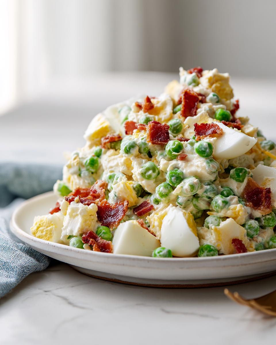 A generous serving of creamy pea salad mixed with chopped hard-boiled eggs and topped with crispy bacon pieces.