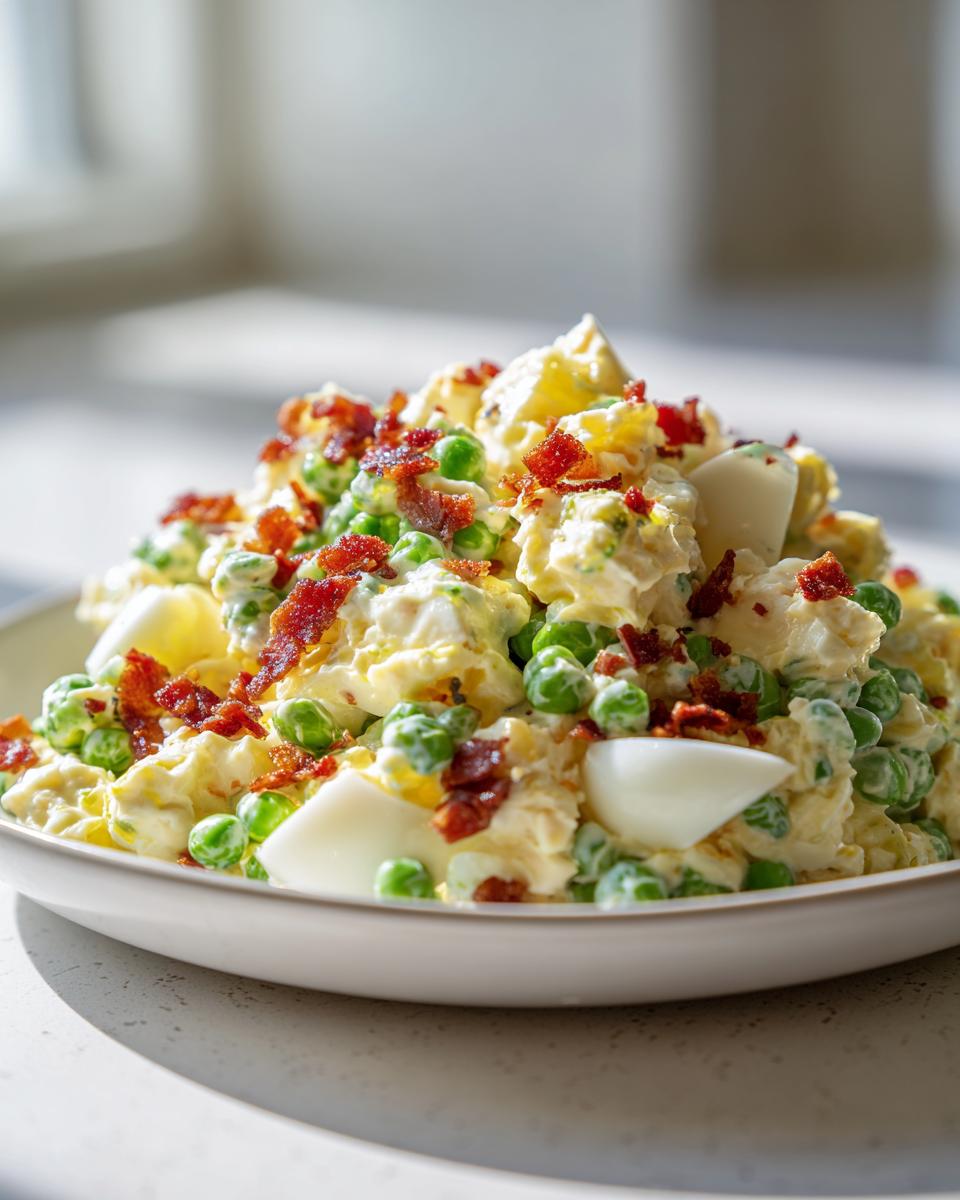 A bowl piled high with creamy pea salad mixed with eggs and topped generously with crispy bacon bits.